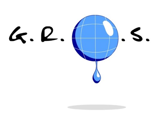 Logo met de letters G.R.S. en een blauwe druppelvormige wereldbol in het midden. (vergroot foto)